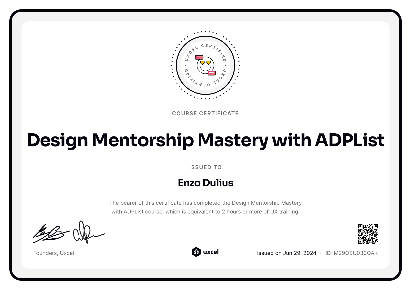 Enzo Dulius's certificate